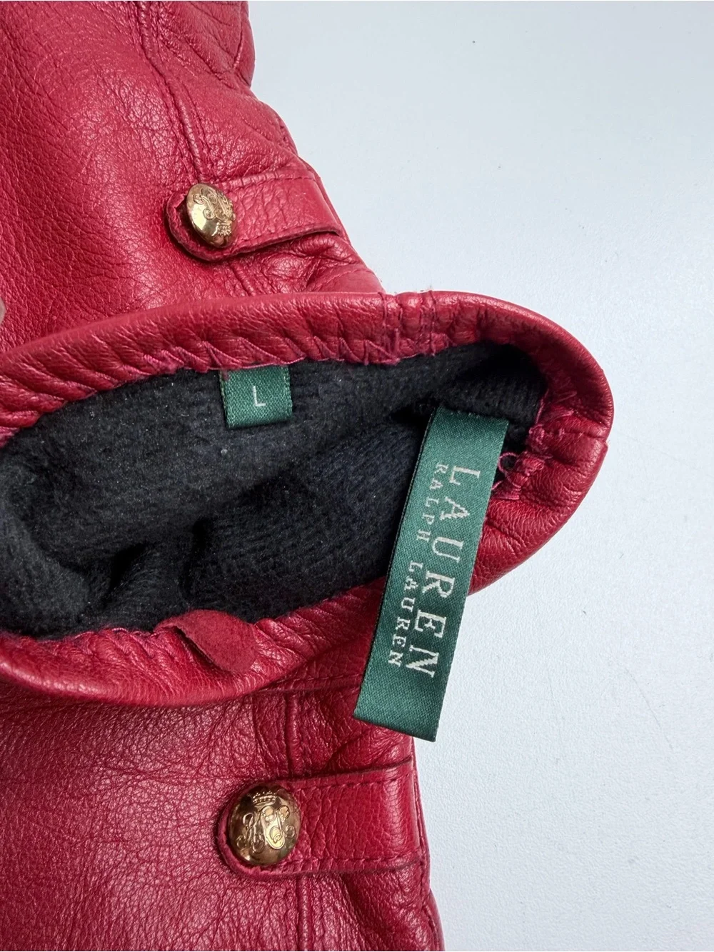 Lauren Ralph Lauren Vintage Red Leather Gloves Size Large Gold Button Details